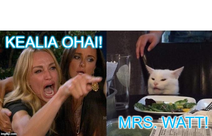 Woman Yelling At Cat | KEALIA OHAI! MRS. WATT! | image tagged in memes,woman yelling at cat | made w/ Imgflip meme maker