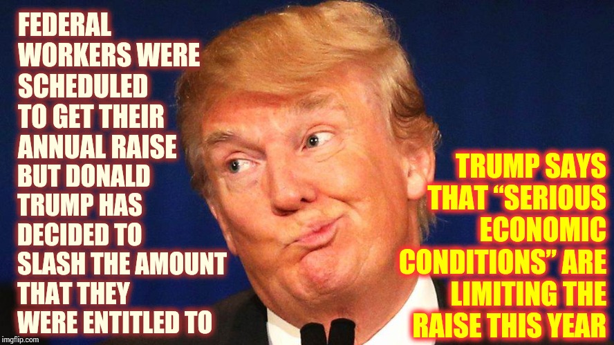 Could It Be The Pathalogical Liar With Narcissistic Personality Disorder LIED?   Duh. | FEDERAL WORKERS WERE SCHEDULED TO GET THEIR ANNUAL RAISE; TRUMP SAYS THAT “SERIOUS ECONOMIC CONDITIONS” ARE LIMITING THE RAISE THIS YEAR; BUT DONALD TRUMP HAS DECIDED TO SLASH THE AMOUNT THAT THEY WERE ENTITLED TO | image tagged in trump face,memes,trump unfit unqualified dangerous,liar in chief,trump lies,liar | made w/ Imgflip meme maker