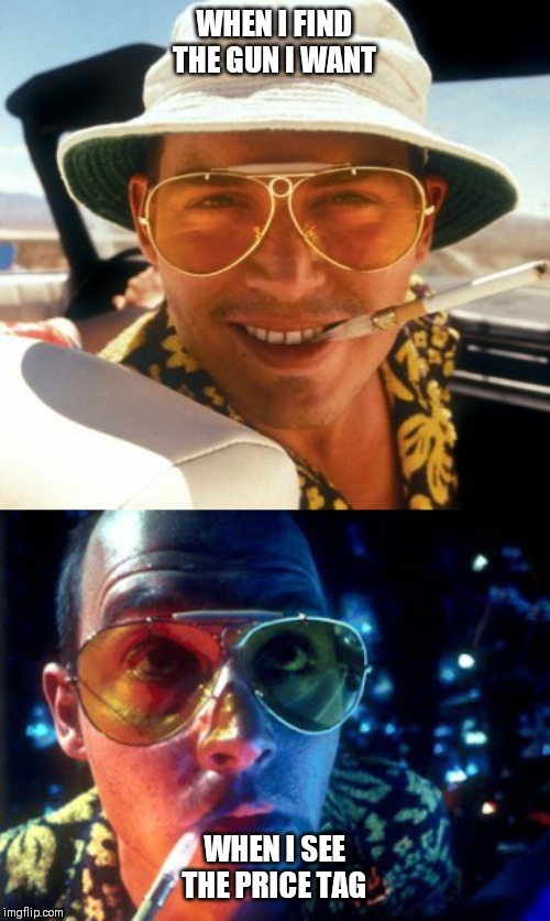 fear and loathing | WHEN I FIND THE GUN I WANT; WHEN I SEE THE PRICE TAG | image tagged in fear and loathing | made w/ Imgflip meme maker