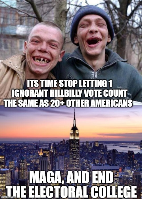 Imagine how much better off we would be without George Bush or trump ever being in office. | ITS TIME STOP LETTING 1 IGNORANT HILLBILLY VOTE COUNT THE SAME AS 20+ OTHER AMERICANS; MAGA, AND END THE ELECTORAL COLLEGE | image tagged in memes,electoral college,politics,maga,impeach trump,democracy | made w/ Imgflip meme maker