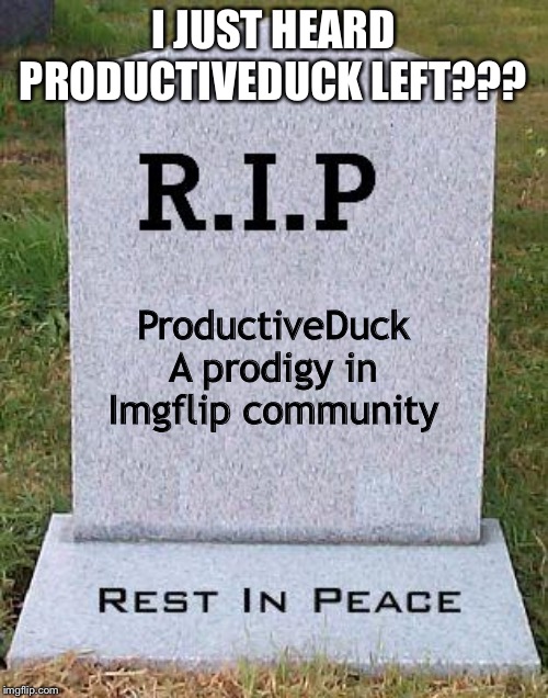 RIP headstone | I JUST HEARD PRODUCTIVEDUCK LEFT??? ProductiveDuck
A prodigy in Imgflip community | image tagged in rip headstone | made w/ Imgflip meme maker