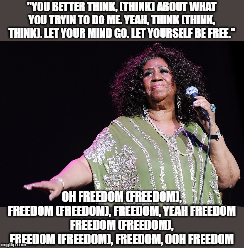 think about what ya trying to do to me | "YOU BETTER THINK, (THINK) ABOUT WHAT YOU TRYIN TO DO ME. YEAH, THINK (THINK, THINK), LET YOUR MIND GO, LET YOURSELF BE FREE." OH FREEDOM (F | image tagged in freedom,aretha franklin,too many laws | made w/ Imgflip meme maker