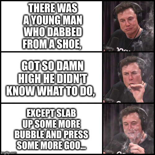 Dab Poem | THERE WAS A YOUNG MAN WHO DABBED FROM A SHOE, GOT SO DAMN HIGH HE DIDN'T KNOW WHAT TO DO, EXCEPT SLAB UP SOME MORE BUBBLE AND PRESS SOME MORE GOO... | image tagged in elon musk smoking weed,dab,dabbing,poem,marijuana | made w/ Imgflip meme maker