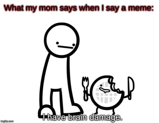I Have Brain Damage. | What my mom says when I say a meme: | image tagged in i have brain damage | made w/ Imgflip meme maker