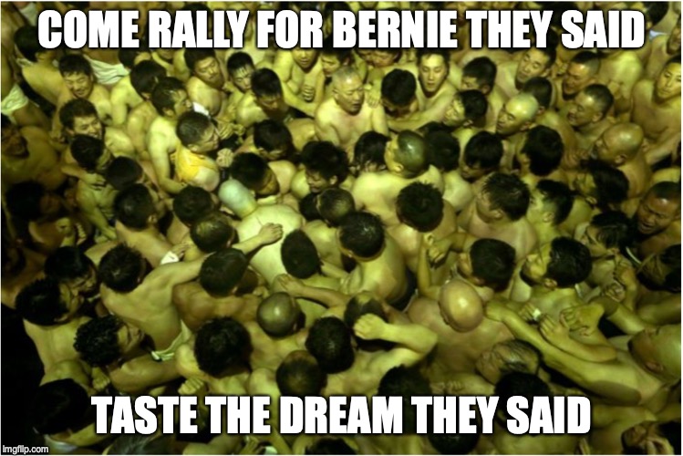 Bernie BroFest | COME RALLY FOR BERNIE THEY SAID; TASTE THE DREAM THEY SAID | image tagged in bernie sanders | made w/ Imgflip meme maker