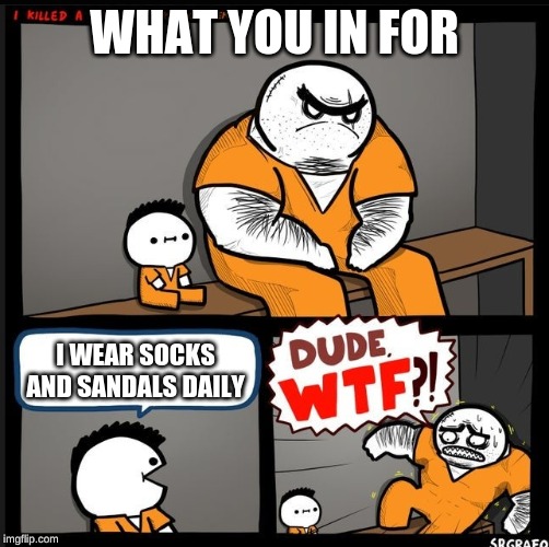 Srgrafo dude wtf | WHAT YOU IN FOR; I WEAR SOCKS AND SANDALS DAILY | image tagged in srgrafo dude wtf | made w/ Imgflip meme maker