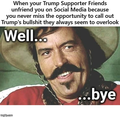 When your Trump Supporter Friends unfriend you on Social Media because you never miss the opportunity to call out Trump's bullshit they always seem to overlook; COVELL BELLAMY III | image tagged in tombstone unfriended talking shit about trump well bye | made w/ Imgflip meme maker