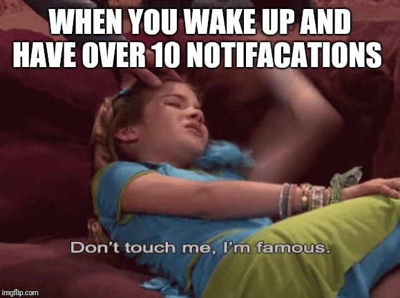 Don't Touch me I'm famous | WHEN YOU WAKE UP AND HAVE OVER 10 NOTIFACATIONS | image tagged in don't touch me i'm famous | made w/ Imgflip meme maker