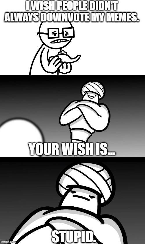 I posted this in imgur | I WISH PEOPLE DIDN'T ALWAYS DOWNVOTE MY MEMES. YOUR WISH IS... STUPID. | image tagged in your wish is stupid,imgur | made w/ Imgflip meme maker