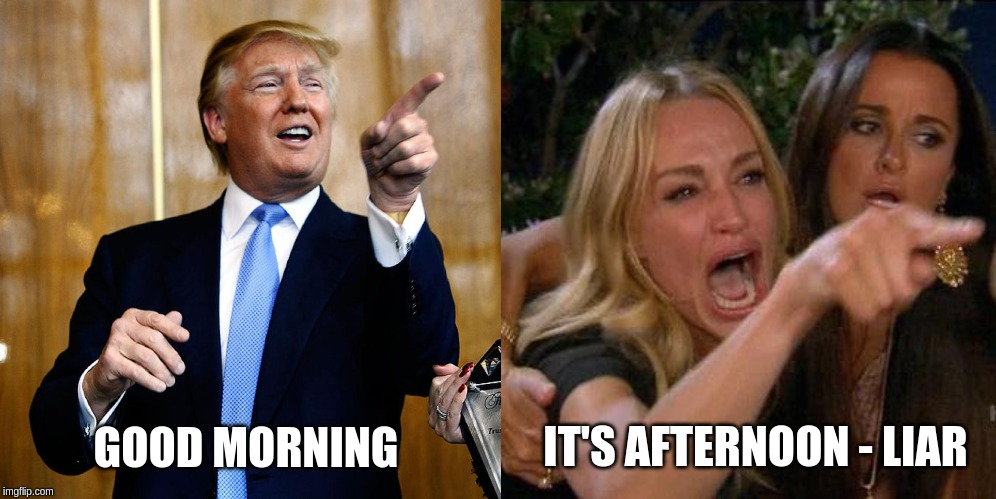 IT'S AFTERNOON - LIAR GOOD MORNING | image tagged in donal trump birthday,memes,woman yelling at cat | made w/ Imgflip meme maker