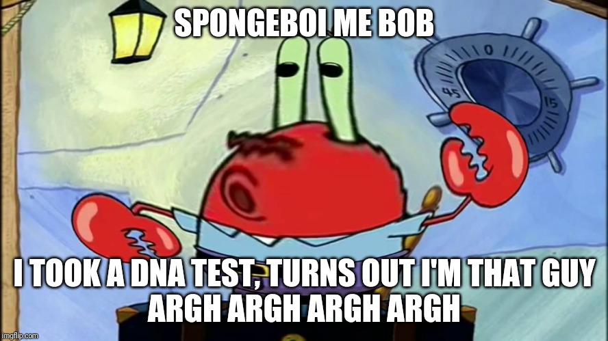 Spongeboi me bob | SPONGEBOI ME BOB; I TOOK A DNA TEST, TURNS OUT I'M THAT GUY
ARGH ARGH ARGH ARGH | image tagged in spongeboi me bob | made w/ Imgflip meme maker