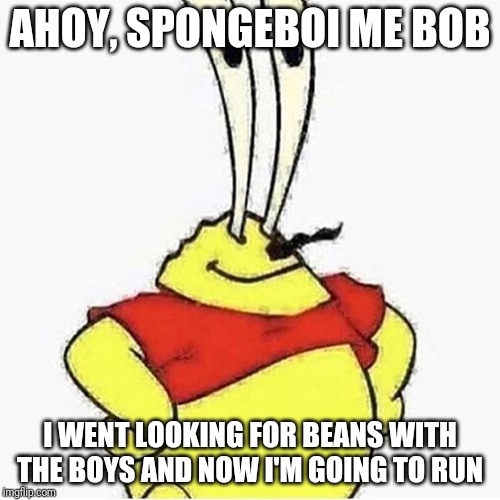 Ahoy spongebob me boy | AHOY, SPONGEBOI ME BOB; I WENT LOOKING FOR BEANS WITH THE BOYS AND NOW I'M GOING TO RUN | image tagged in ahoy spongebob me boy | made w/ Imgflip meme maker