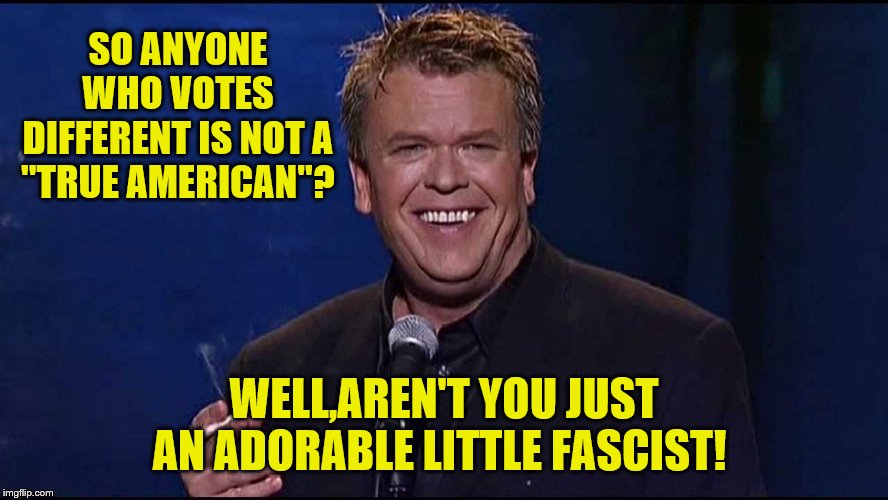 Ron White | SO ANYONE WHO VOTES DIFFERENT IS NOT A "TRUE AMERICAN"? WELL,AREN'T YOU JUST AN ADORABLE LITTLE FASCIST! | image tagged in ron white | made w/ Imgflip meme maker