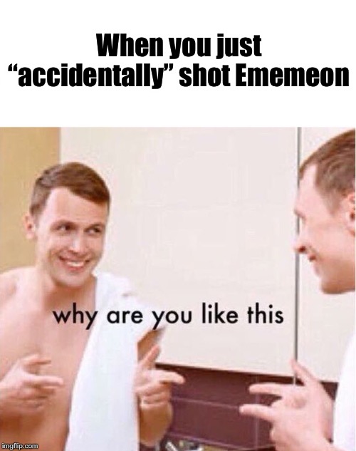 why are you like this | When you just “accidentally” shot Ememeon | image tagged in why are you like this | made w/ Imgflip meme maker