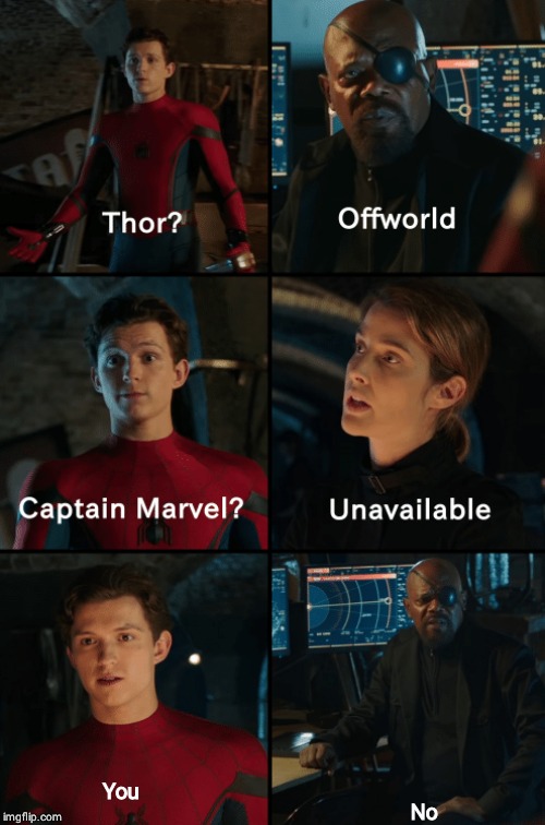 Thor off-world captain marvel unavailable | No; You | image tagged in thor off-world captain marvel unavailable | made w/ Imgflip meme maker