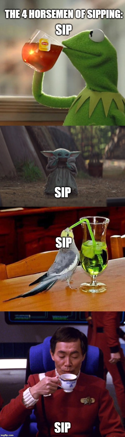THE 4 HORSEMEN OF SIPPING:; SIP; SIP; SIP; SIP | image tagged in memes,but thats none of my business,big sip,sulu sipping tea,baby yoda sipping soup | made w/ Imgflip meme maker