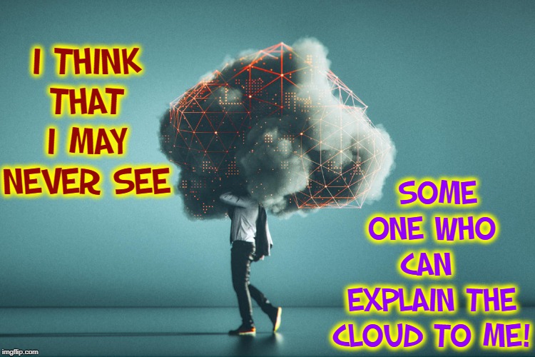 If Joyce Kilmer were Writing Poetry Today | SOME ONE WHO CAN  EXPLAIN THE CLOUD TO ME! I THINK THAT I MAY NEVER SEE | image tagged in vince vance,joyce kilmer,the cloud,modern problems,poetry,trees | made w/ Imgflip meme maker