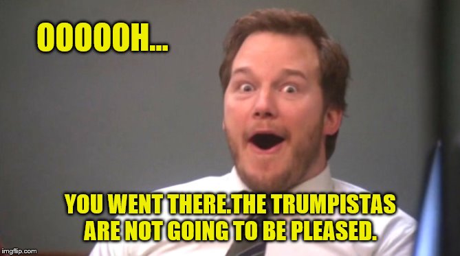 Chris Pratt Happy | OOOOOH... YOU WENT THERE.THE TRUMPISTAS ARE NOT GOING TO BE PLEASED. | image tagged in chris pratt happy | made w/ Imgflip meme maker