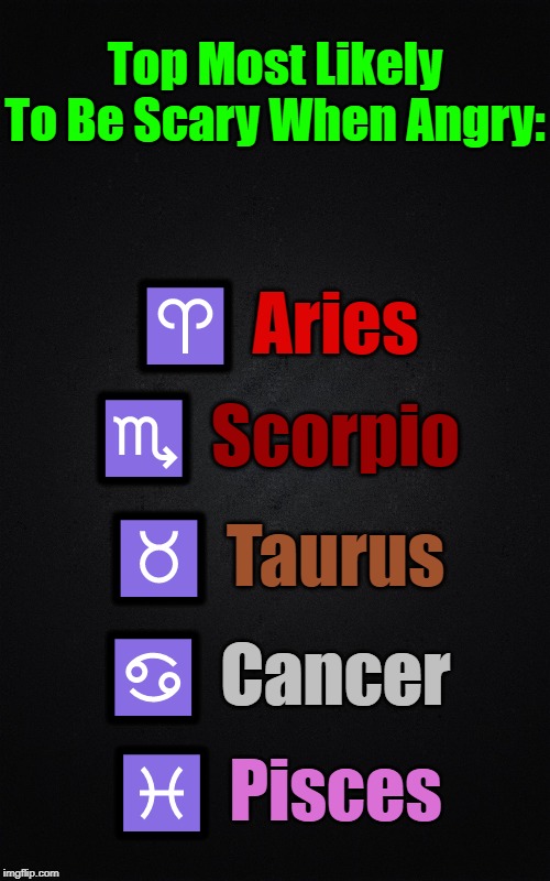 All I Can Say Is Don't Mess With A Scorpio | Top Most Likely To Be Scary When Angry:; ♈ Aries; ♏ Scorpio; ♉ Taurus; ♋ Cancer; ♓ Pisces | image tagged in black blank rectangle c,memes,zodiac,zodiac signs | made w/ Imgflip meme maker