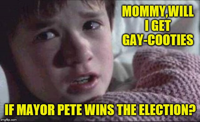 I See Dead People Meme | MOMMY,WILL I GET GAY-COOTIES IF MAYOR PETE WINS THE ELECTION? | image tagged in memes,i see dead people | made w/ Imgflip meme maker