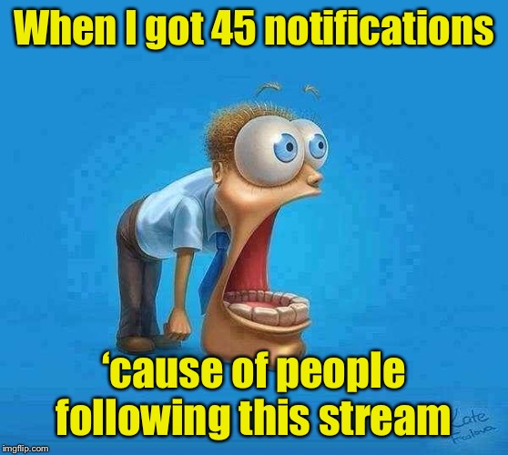 Everyones_A_Mod | When I got 45 notifications; ‘cause of people following this stream | image tagged in jaw dropping,mod | made w/ Imgflip meme maker