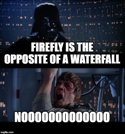 Star Wars No | FIREFLY IS THE OPPOSITE OF A WATERFALL; NOOOOOOOOOOOOO | image tagged in memes,star wars no | made w/ Imgflip meme maker