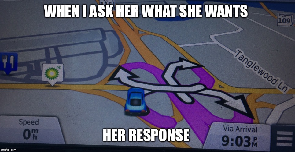 WHEN I ASK HER WHAT SHE WANTS; HER RESPONSE | image tagged in confused,driving,gps,girlfriend | made w/ Imgflip meme maker