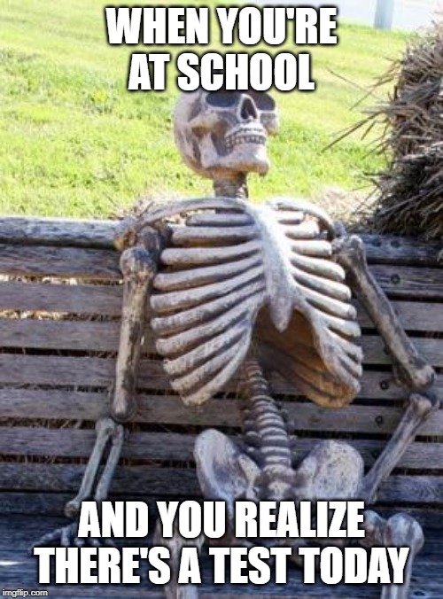 Waiting Skeleton | WHEN YOU'RE AT SCHOOL; AND YOU REALIZE THERE'S A TEST TODAY | image tagged in memes,waiting skeleton | made w/ Imgflip meme maker