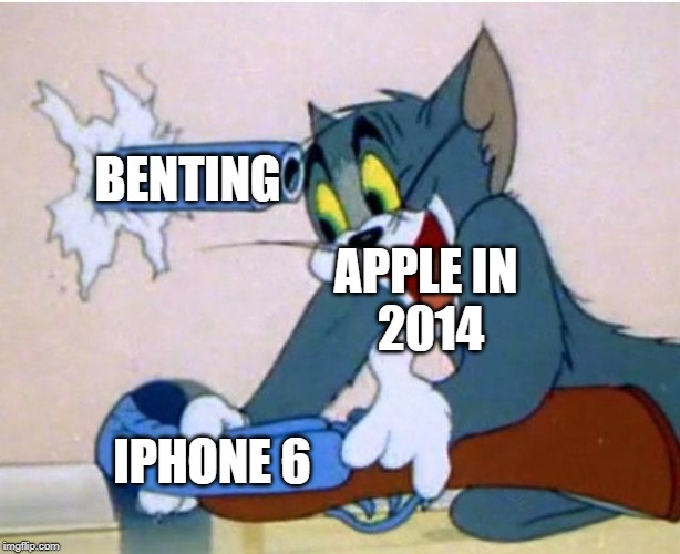 Tom and Jerry | BENTING; APPLE IN
 2014; IPHONE 6 | image tagged in tom and jerry,apple,iphone,iphone 6,bent | made w/ Imgflip meme maker