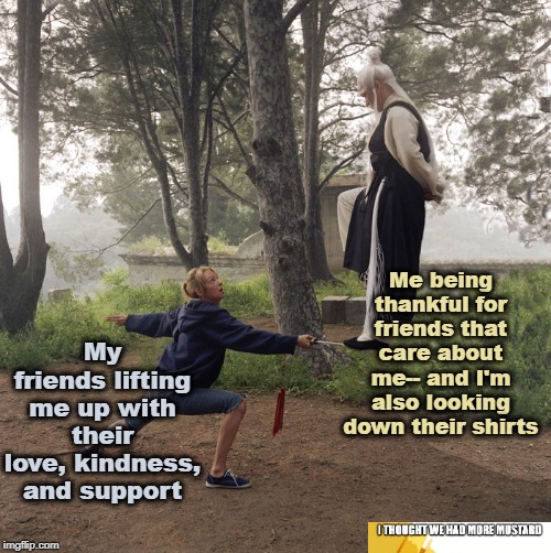 Friends and Love and Peeking | Me being thankful for friends that care about me-- and I'm also looking down their shirts; My friends lifting me up with their love, kindness, and support | image tagged in kill bill master on stick,friends,looking down shirt | made w/ Imgflip meme maker