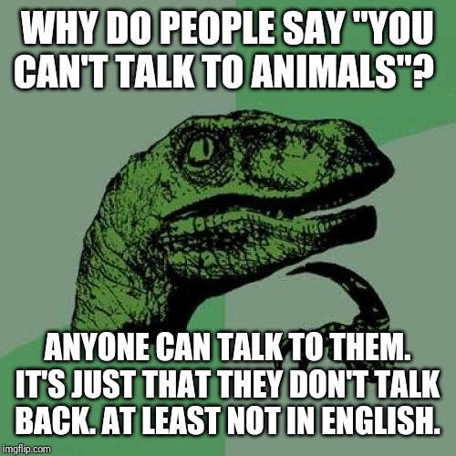 It should be called "taking (telepathically) WITH animals" "not taking to" | WHY DO PEOPLE SAY "YOU CAN'T TALK TO ANIMALS"? ANYONE CAN TALK TO THEM. IT'S JUST THAT THEY DON'T TALK BACK. AT LEAST NOT IN ENGLISH. | image tagged in memes,philosoraptor | made w/ Imgflip meme maker