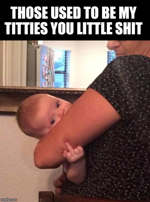 Baby Flipping The Bird | THOSE USED TO BE MY TITTIES YOU LITTLE SHIT | image tagged in baby flipping the bird | made w/ Imgflip meme maker