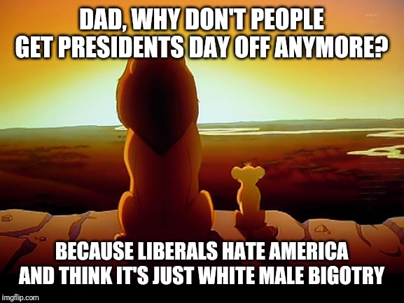 Lion King | DAD, WHY DON'T PEOPLE GET PRESIDENTS DAY OFF ANYMORE? BECAUSE LIBERALS HATE AMERICA AND THINK IT'S JUST WHITE MALE BIGOTRY | image tagged in memes,lion king | made w/ Imgflip meme maker
