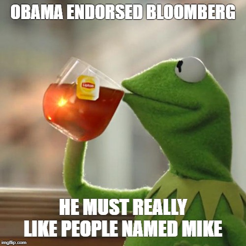 But That's None Of My Business Meme | OBAMA ENDORSED BLOOMBERG; HE MUST REALLY LIKE PEOPLE NAMED MIKE | image tagged in memes,but thats none of my business,kermit the frog | made w/ Imgflip meme maker