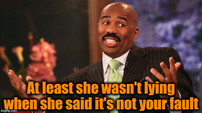 Steve Harvey Meme | At least she wasn't lying when she said it's not your fault | image tagged in memes,steve harvey | made w/ Imgflip meme maker