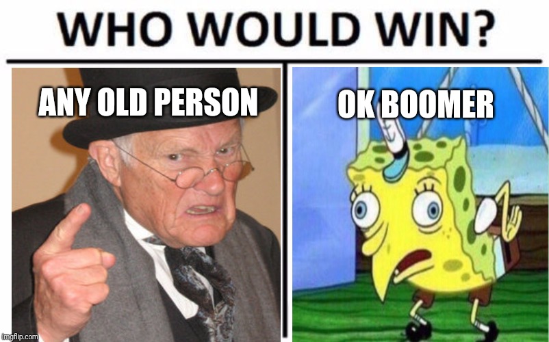 Who Would Win? Meme | ANY OLD PERSON; OK BOOMER | image tagged in memes,who would win | made w/ Imgflip meme maker