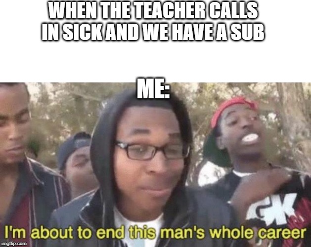 Me when there's a sub | WHEN THE TEACHER CALLS IN SICK AND WE HAVE A SUB; ME: | image tagged in im about to end this mans whole career,substitute,lol,fun,funny memes | made w/ Imgflip meme maker
