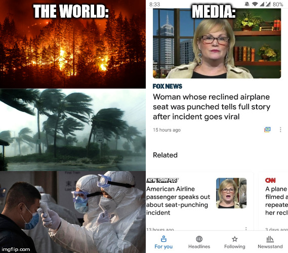 THE WORLD:; MEDIA: | image tagged in corona virus,disaster | made w/ Imgflip meme maker
