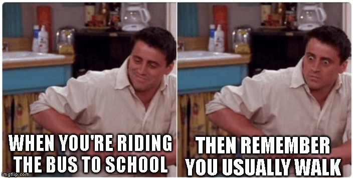 Joey from Friends | WHEN YOU'RE RIDING THE BUS TO SCHOOL; THEN REMEMBER YOU USUALLY WALK | image tagged in joey from friends | made w/ Imgflip meme maker