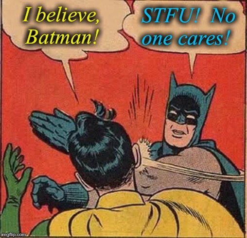 Batman Slapping Robin Meme | I believe, Batman! STFU!  No one cares! | image tagged in memes,batman slapping robin | made w/ Imgflip meme maker