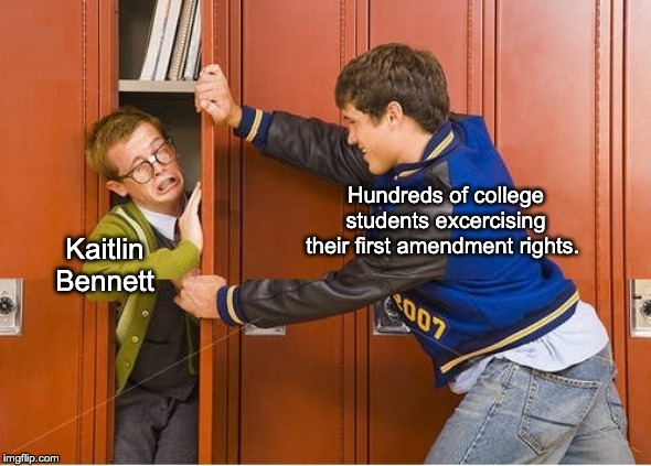 The best way to deal with white nationalists. | Hundreds of college students excercising their first amendment rights. Kaitlin Bennett | image tagged in bully shoving nerd into locker,free speech | made w/ Imgflip meme maker