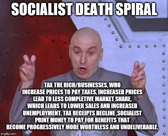 yep | SOCIALIST DEATH SPIRAL; TAX THE RICH/BUSINESSES, WHO INCREASE PRICES TO PAY TAXES, INCREASED PRICES LEAD TO LESS COMPLETIVE MARKET SHARE, WHICH LEADS TO LOWER SALES AND INCREASED UNEMPLOYMENT, TAX RECEIPTS DECLINE ,SOCIALIST PRINT MONEY TO PAY FOR BENEFITS THAT BECOME PROGRESSIVELY MORE WORTHLESS AND UNDELIVERABLE. | image tagged in memes,dr evil laser,socialism,bernie sanders,democrats | made w/ Imgflip meme maker