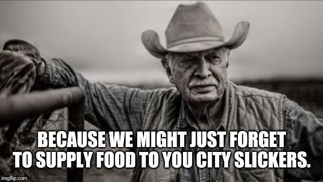 So God Made A Farmer Meme | BECAUSE WE MIGHT JUST FORGET TO SUPPLY FOOD TO YOU CITY SLICKERS. | image tagged in memes,so god made a farmer | made w/ Imgflip meme maker