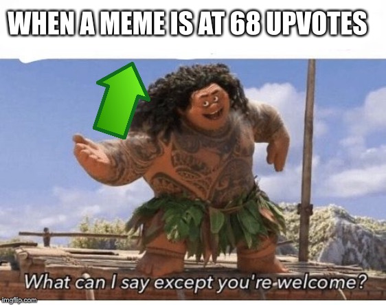 youre welcome | WHEN A MEME IS AT 68 UPVOTES | image tagged in youre welcome | made w/ Imgflip meme maker