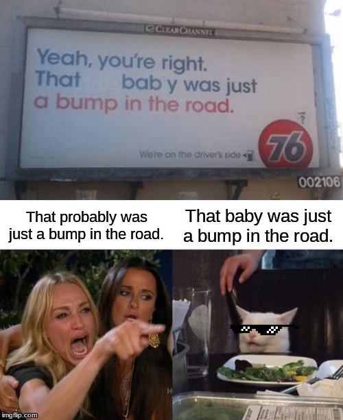 Woman Yelling over Vandalism | That probably was just a bump in the road. That baby was just a bump in the road. | image tagged in memes,woman yelling at cat,vandalism,wordplay,baby,funny | made w/ Imgflip meme maker
