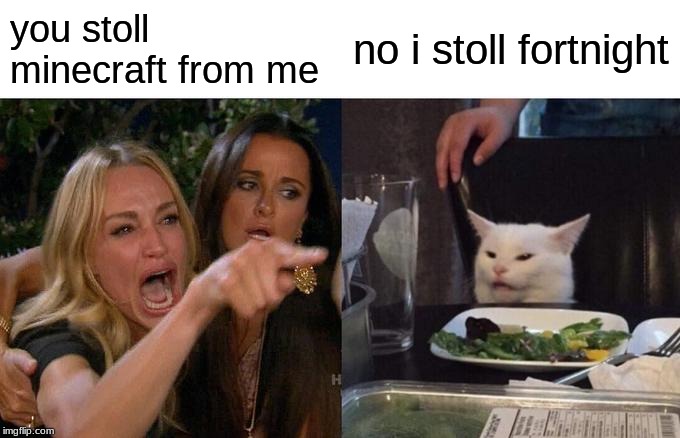 Woman Yelling At Cat Meme | you stoll minecraft from me; no i stoll fortnight | image tagged in memes,woman yelling at cat | made w/ Imgflip meme maker