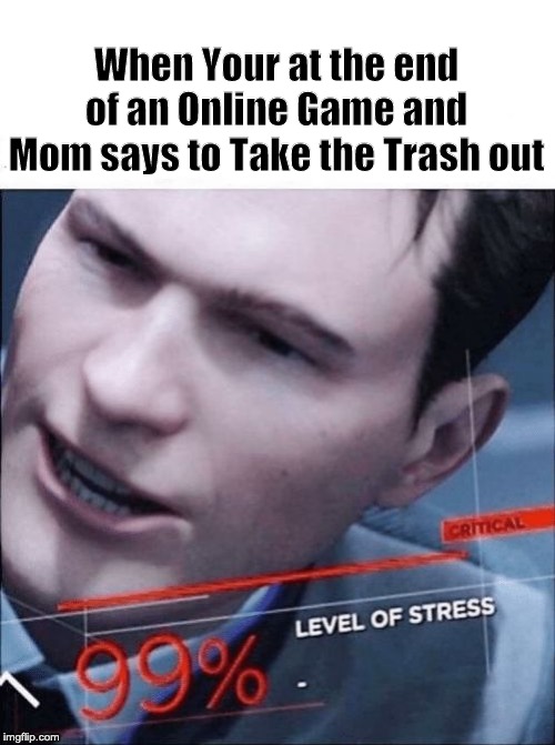 99% Level of Stress | When Your at the end of an Online Game and Mom says to Take the Trash out | image tagged in 99 level of stress | made w/ Imgflip meme maker