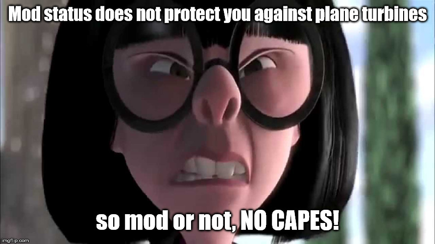 Edna Mode, no capes | Mod status does not protect you against plane turbines so mod or not, NO CAPES! | image tagged in edna mode no capes | made w/ Imgflip meme maker