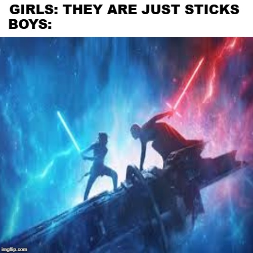 GIRLS: THEY ARE JUST STICKS 
BOYS: | image tagged in star wars,boys vs girls | made w/ Imgflip meme maker