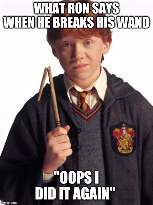 Ron Weasley Broken wand | WHAT RON SAYS WHEN HE BREAKS HIS WAND; "OOPS I DID IT AGAIN" | image tagged in ron weasley broken wand | made w/ Imgflip meme maker
